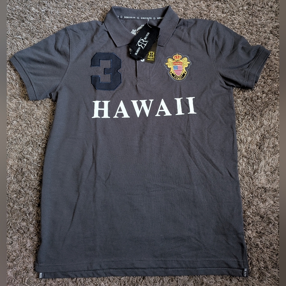 NWT Robin Ruth Grey Hawaii #3 Cotton Polo Shirt Men's L